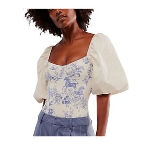 Free People Intimately Prairie Rose Bodysuit Ivory Blue Toile Print Puff Sleeve